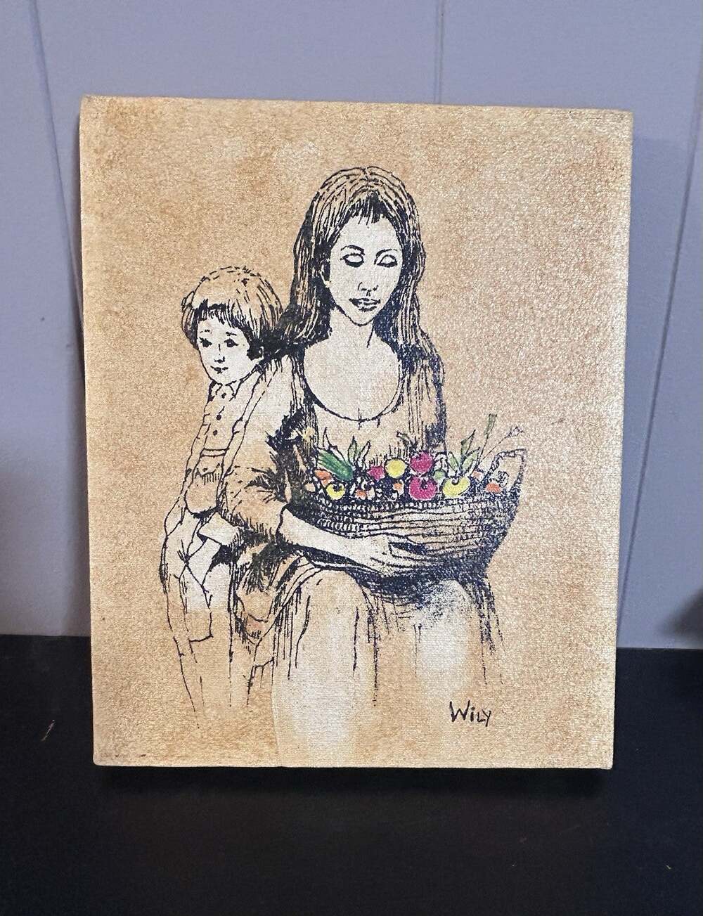 Vintage Willy Signed Mother Child Fruit Basket Canvas Art Wood Frame 8x10